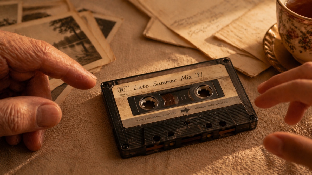 An older hand and a younger hand reaching toward a cassette tape labeled Late Summer Mix 91, surrounded by old photographs and handwritten letters