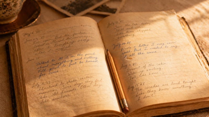 An open diary with handwritten entries across multiple dates