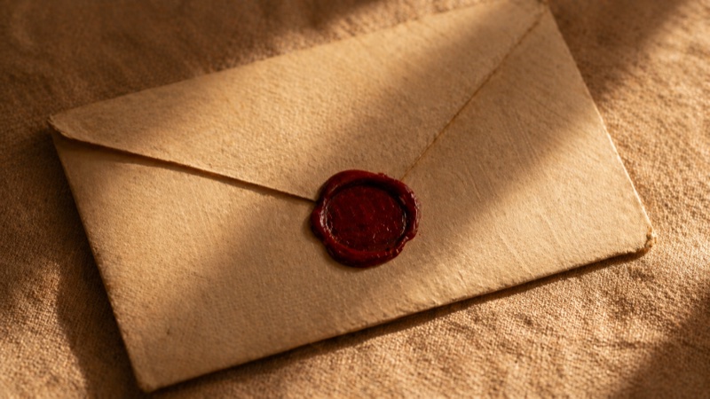 A sealed envelope with a deep red wax seal on linen